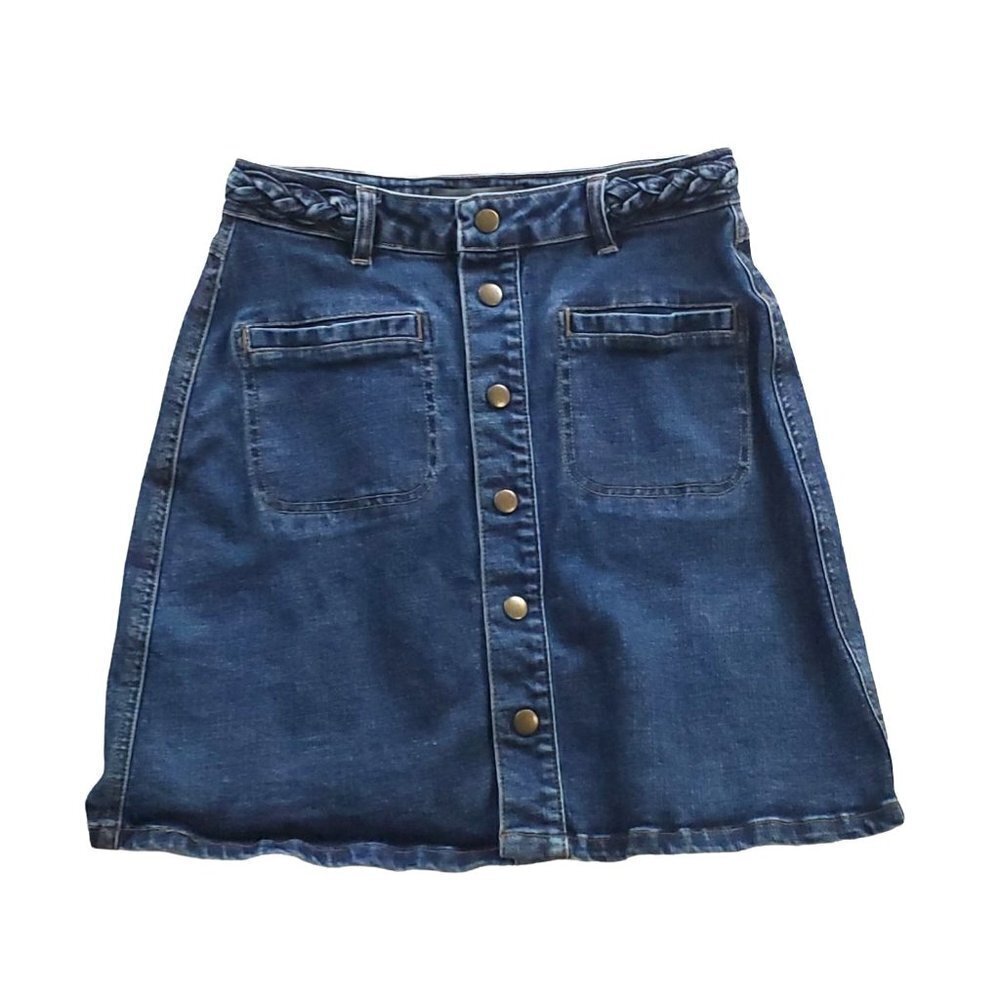 Harper Braid Waist Size Small Front Button Denim Skirt Blue